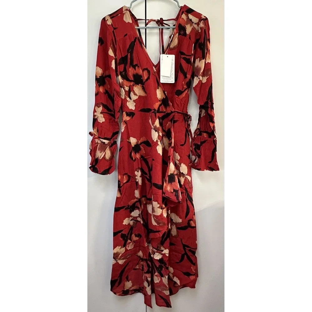 Band Of‎ The Free Dress Womens Small Red Gold Floral Boho Wrap Midi Long Sleeve